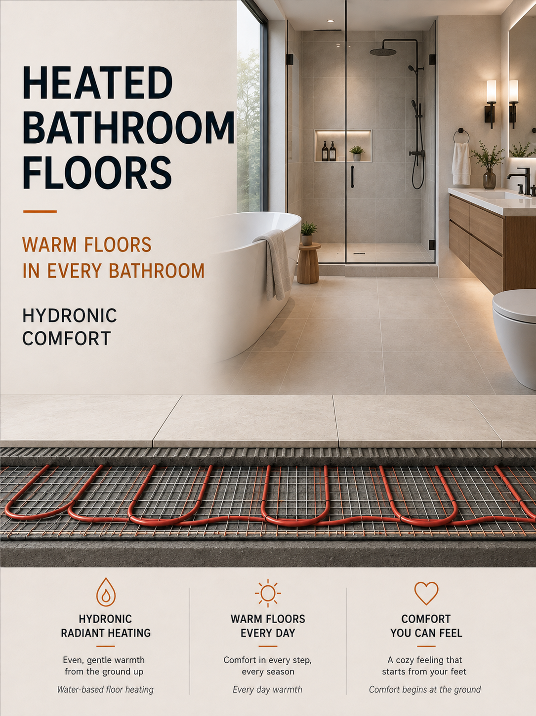 Heated bathroom floor hydronic radiant system