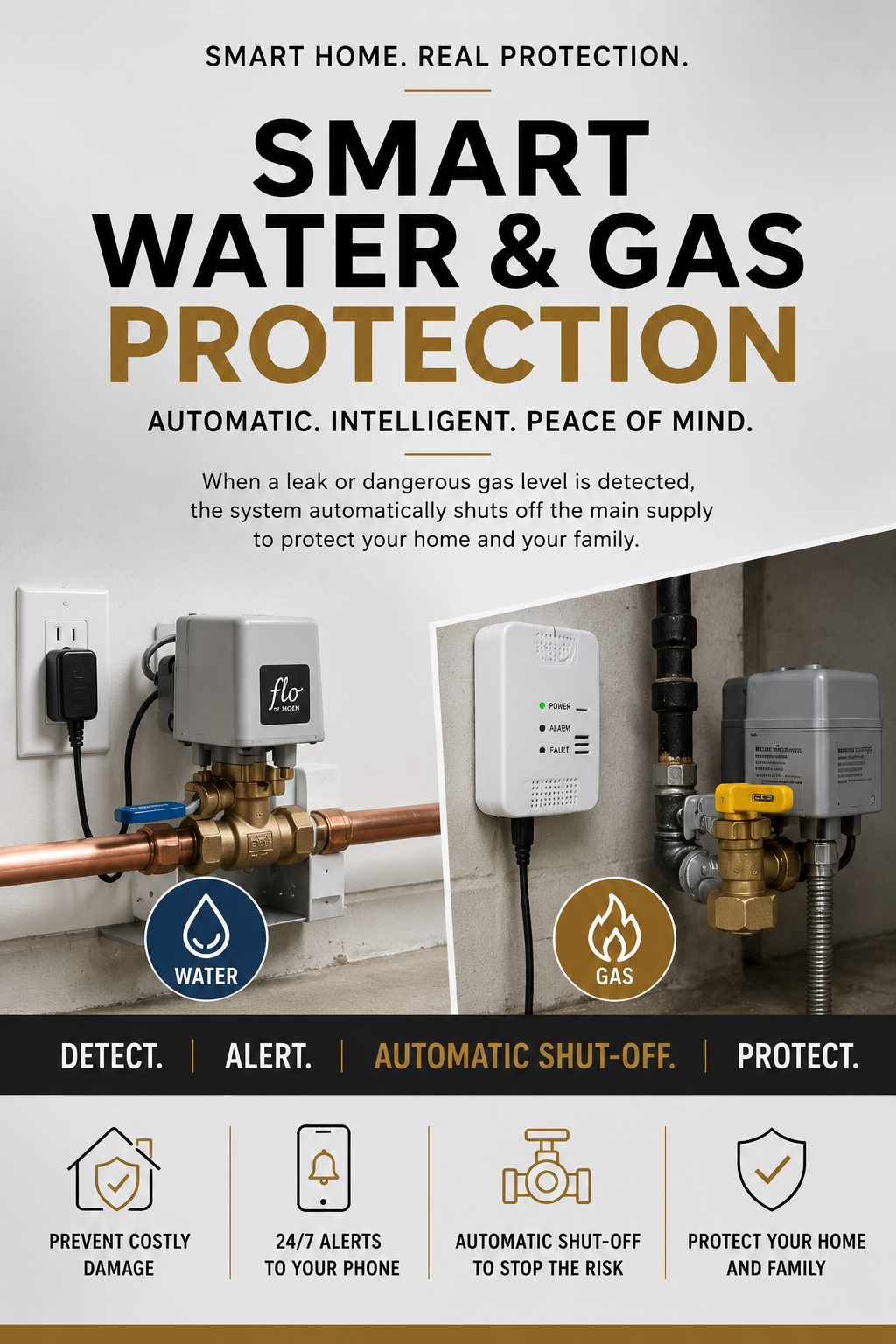 Smart water and gas protection system with automatic shut-off valves
